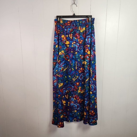 Vintage 90s Blue Funky Print Midi Skirt 1990s High Waisted Summer 100% Silk Sz 8 - Picture 3 of 7